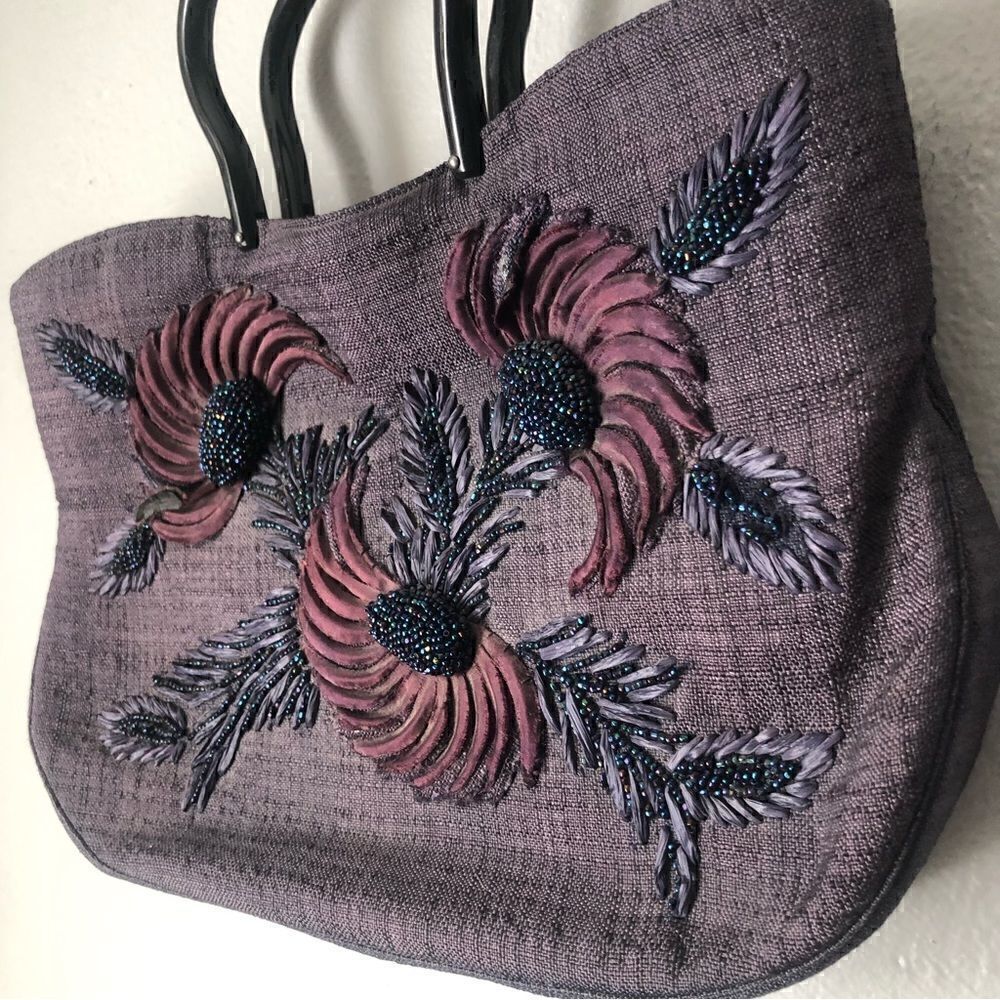 Vintage beaded purple floral feather design vintage handbag - Picture 2 of 11